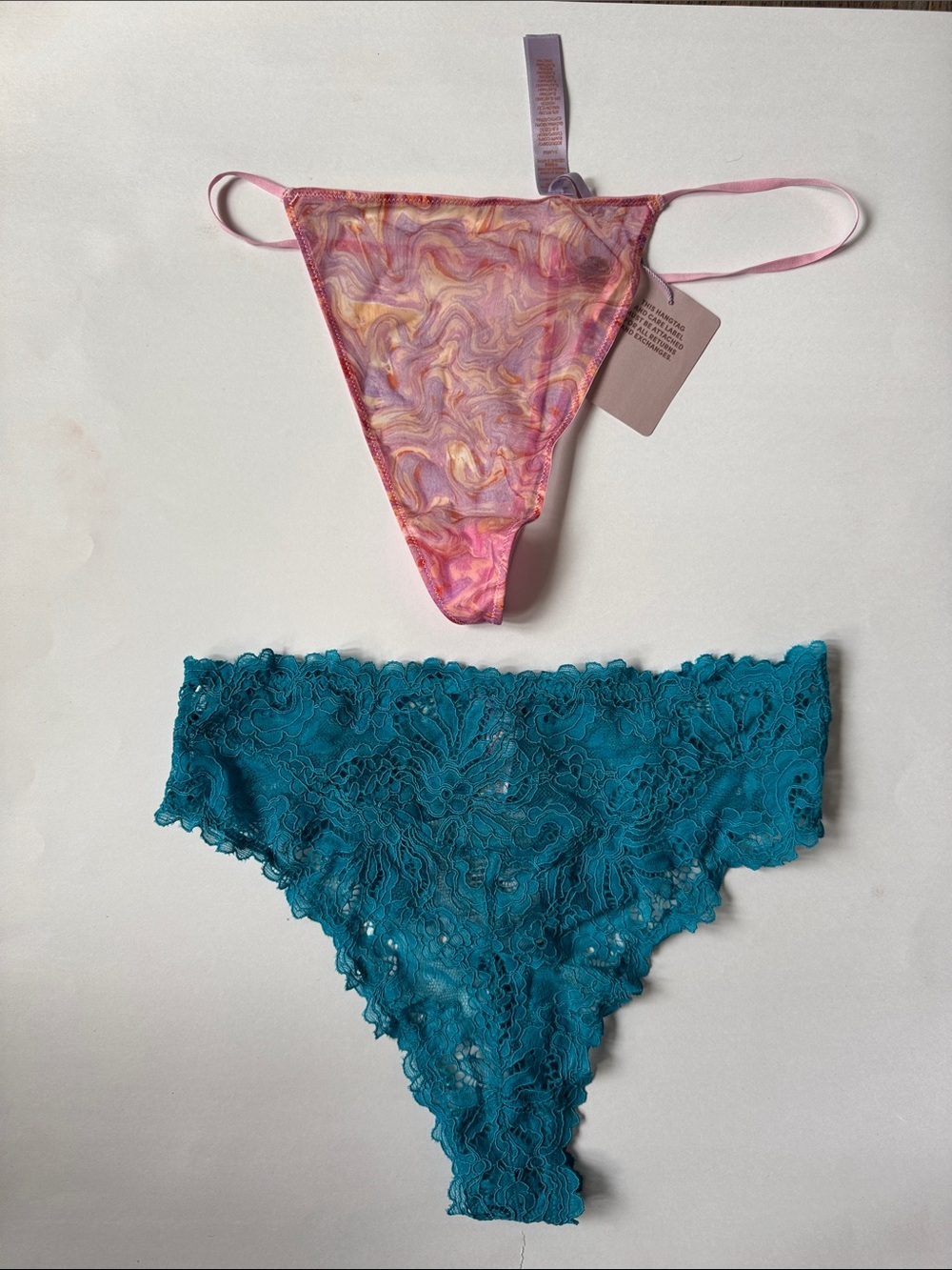 Victoria's Secret Pink Swirl Mesh Thong and Teal Lace Bikini Set
